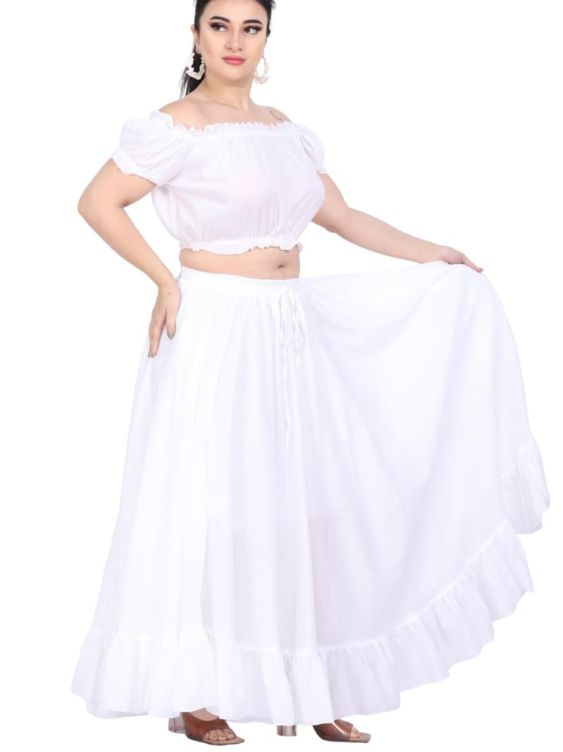 Wevez Women's 15 Yard Elastic Waist Flowing Belly Dancing Cotton Long Maxi Skirt for Summer Holiday White - Image 2